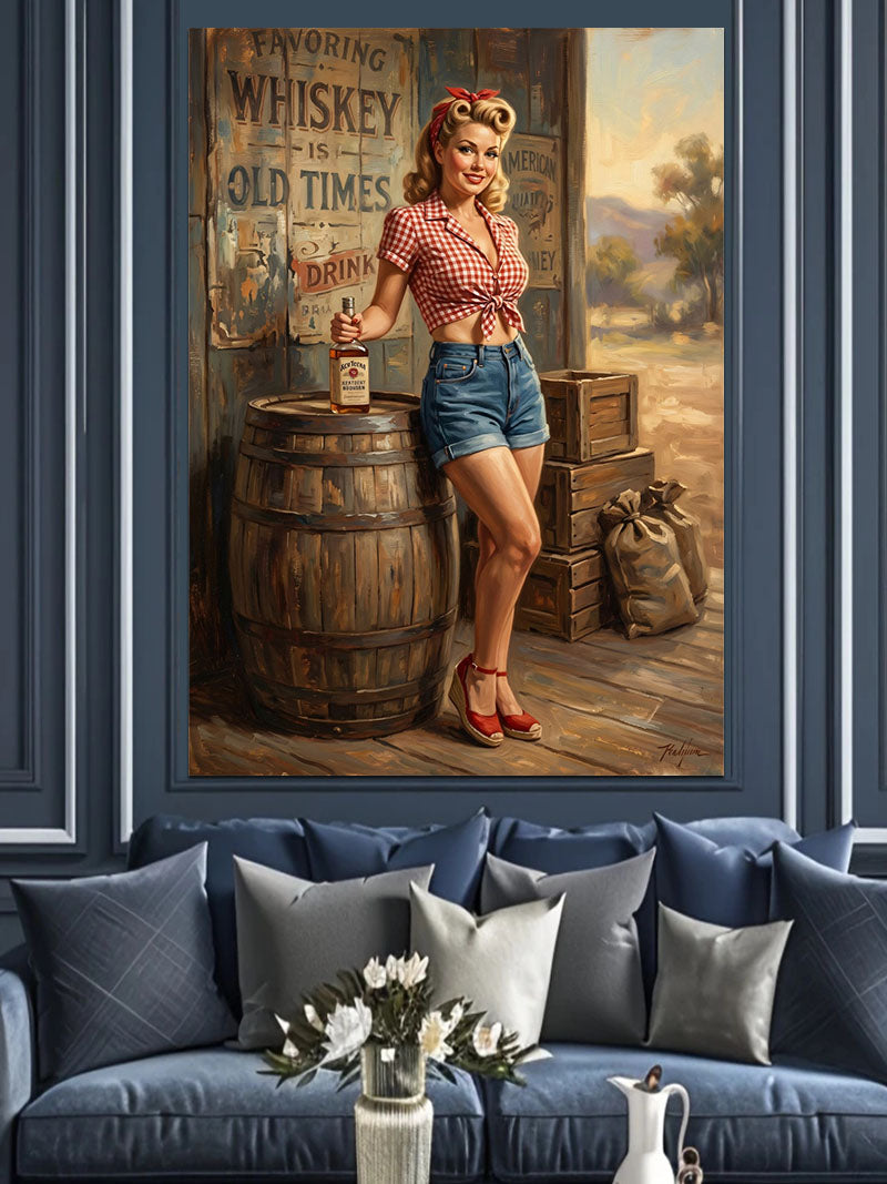 Pin-up Tarzı Bira Ve Kadın Kanvas Tablo