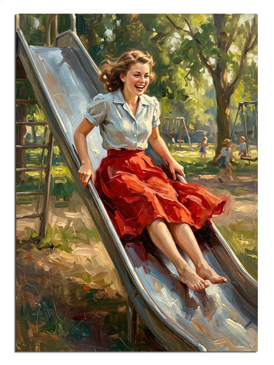 Parkta kaydıraktan kayan gülümseyen retro kadın.