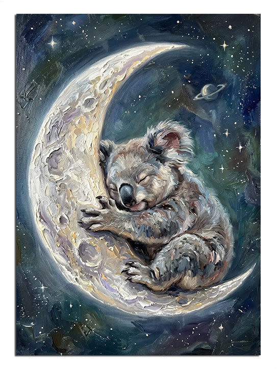 Yıldızlı gökyüzünde ayın üzerinde koala figürü.