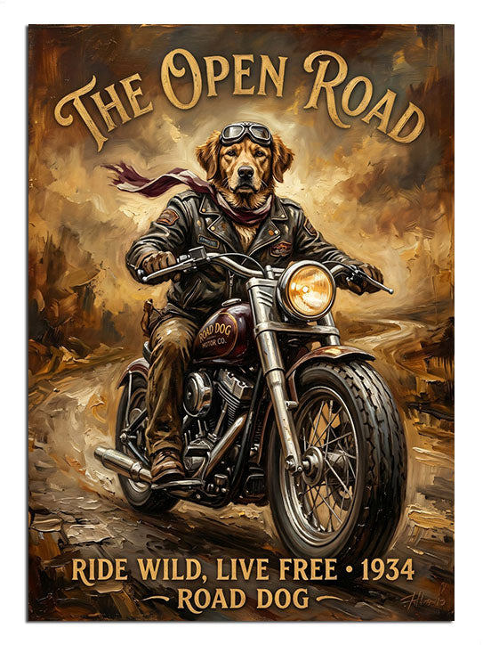 "The Open Road" yazılı, motor süren kedi.
