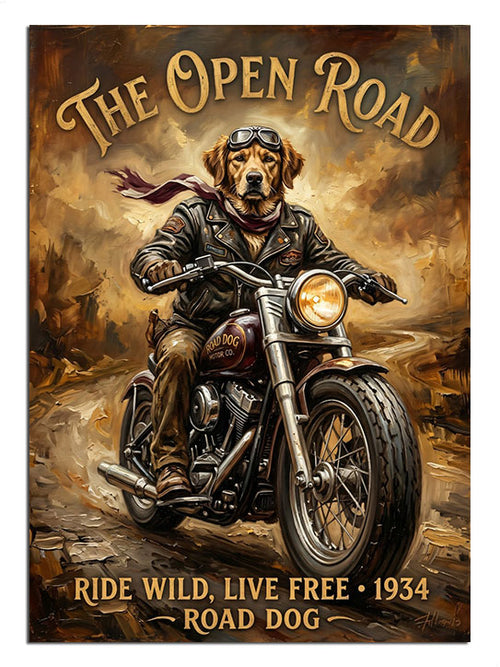"The Open Road" yazılı, motor süren kedi.
