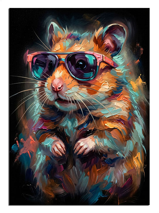 Güneş gözlüğü takmış, rengarenk tüyleri olan sevimli hamster.