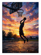 Turuncu gökyüzü altında basketbol oynayan oyuncu silüeti.