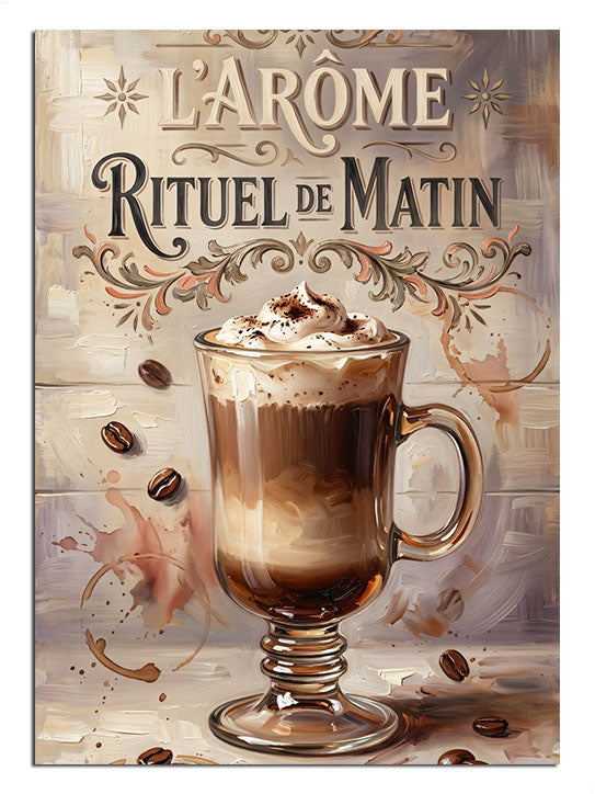 "Rituel du Matin" yazılı, kremalı kahve fincanı tasarımı.