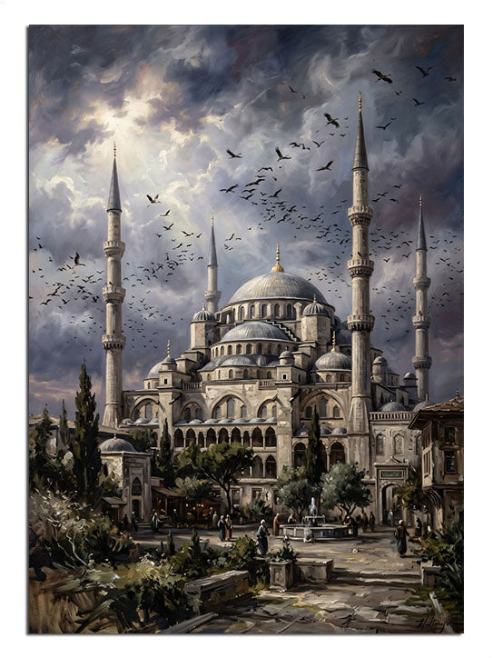 Puslu bir gökyüzü ve martılar eşliğinde cami silüeti.