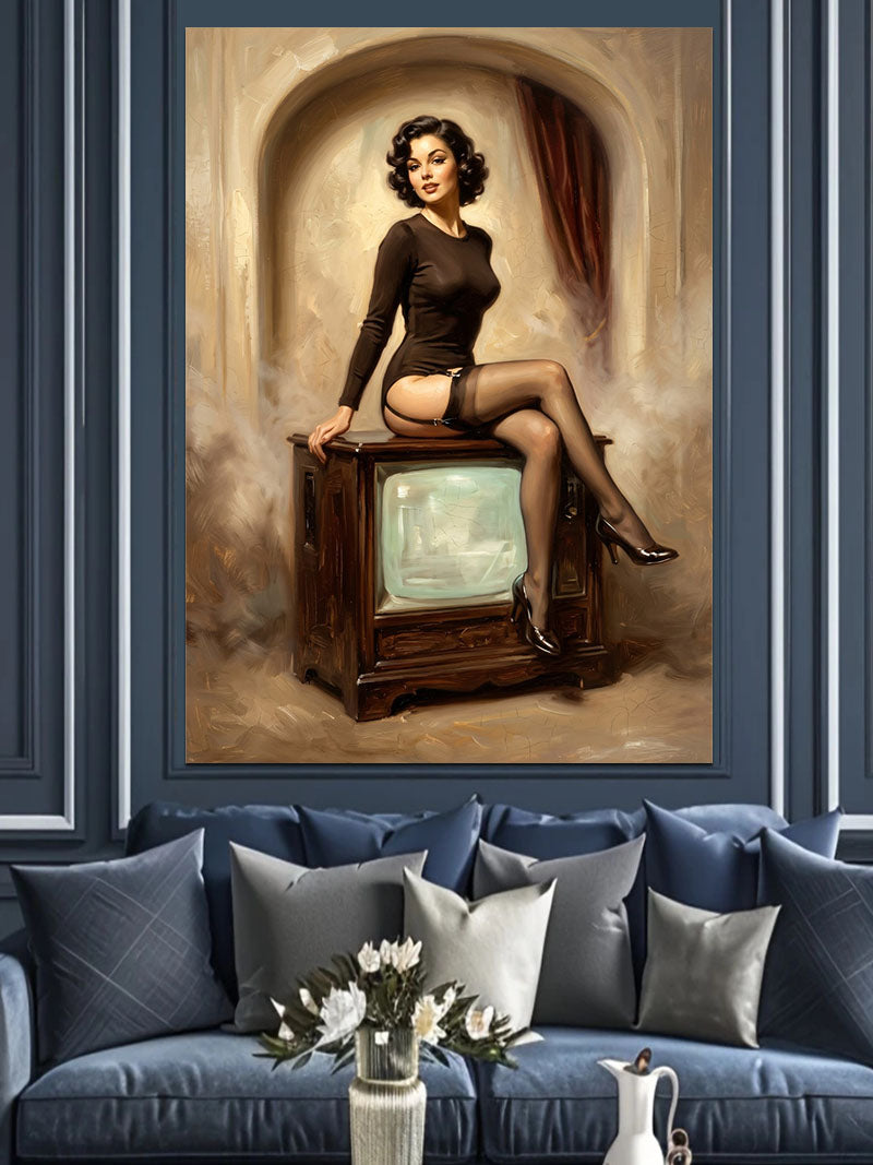 Televizyon Üstünde Oturan Pin-up Kadın Kanvas Tablo