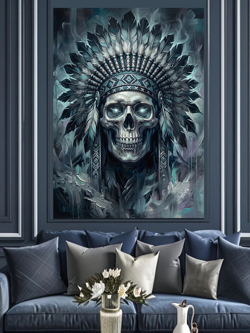 Tüylü Başlıklı Kızılderili Kurukafa Sanatı Kanvas Tablo