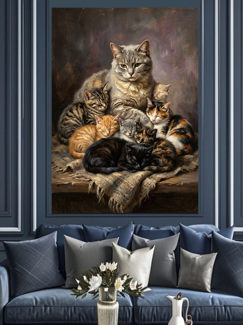 Halı Üstünde Uyuyan Kedi Ailesi Kanvas Tablo