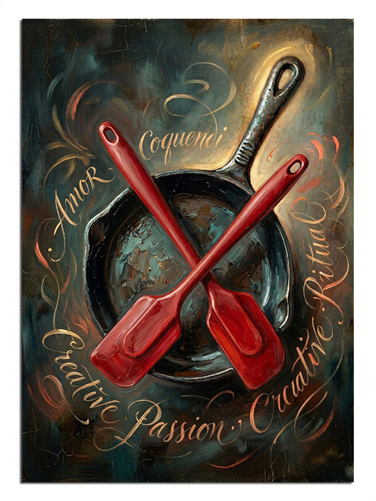 "Antique Cooking" yazılı, çapraz kaşıklı tava görseli.