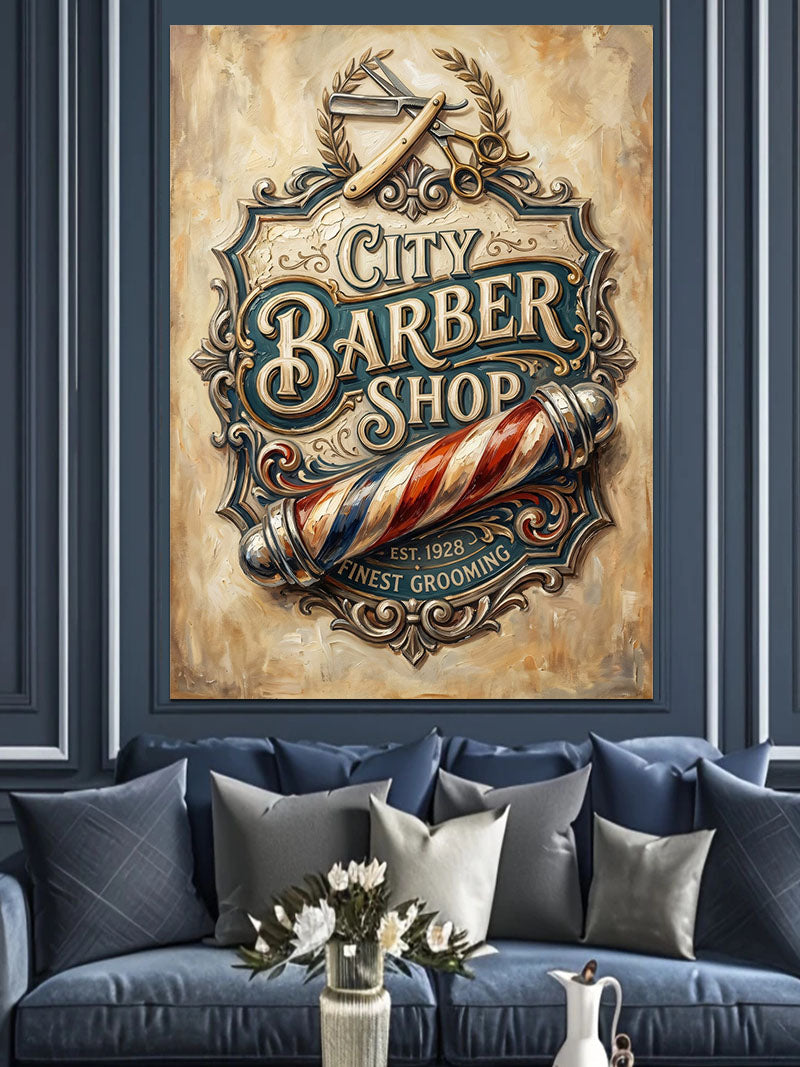 City Barbershop Klasik Tabela Tasarımı Kanvas Tablo