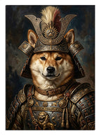 Geleneksel zırh içinde, kılıçlı Shiba Inu köpeği.