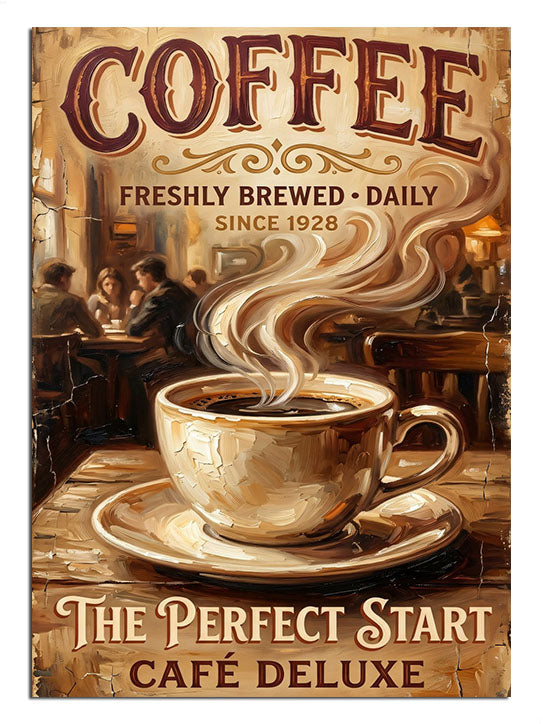 "Coffee The Perfect Start" yazılı eskitme pano.