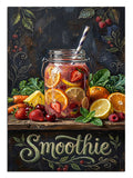 "Smoothie" yazılı, meyvelerle bezeli taze içecek.