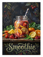 "Smoothie" yazılı, meyvelerle bezeli taze içecek.