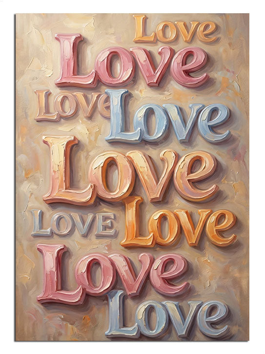 Farklı renk tonlarıyla üst üste yazılmış "Love" kelimeleri.
