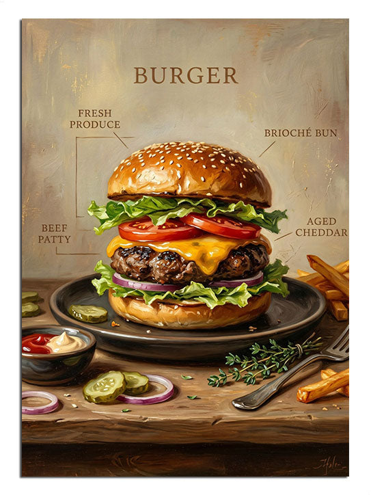 Üzerinde "Classic Burger" yazan detaylı hamburger illüstrasyonu.