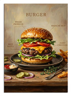 Üzerinde "Classic Burger" yazan detaylı hamburger illüstrasyonu.