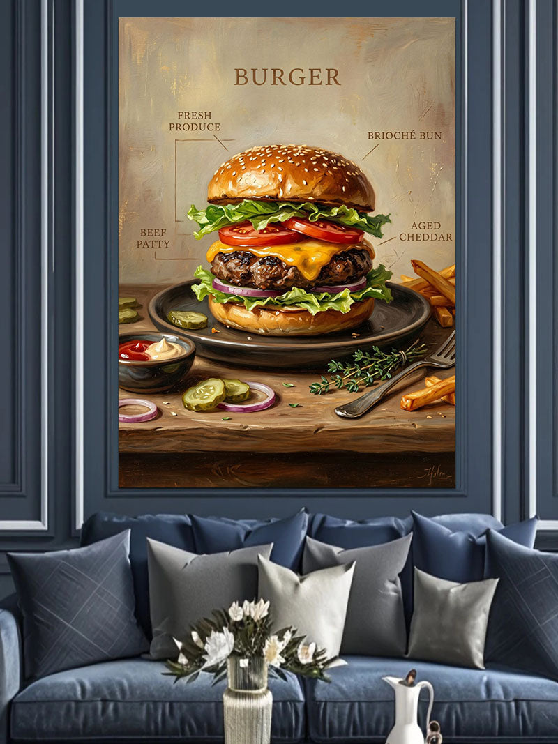 Klasik Burger Ve Malzeme Listesi Kanvas Tablo