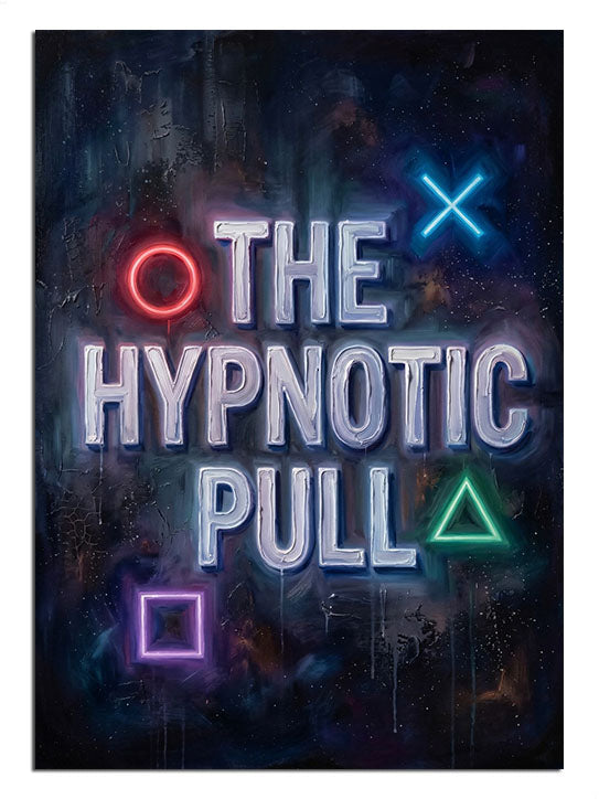 "The Hypnotic Pull" yazılı, neon simgeli oyun afişi.