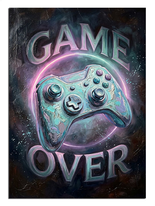 Neon ışıklı joystick ve "Game Over" yazılı pano.