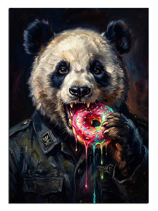 Çilekli donut yiyen, deri ceketli asi panda.