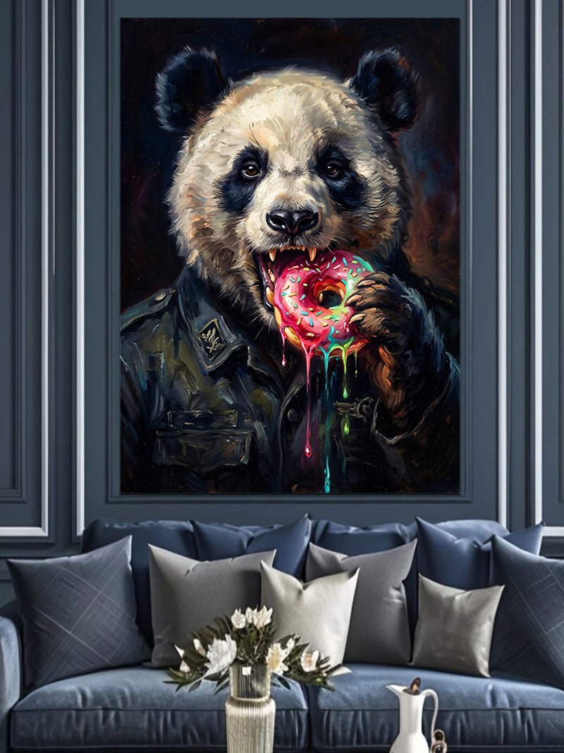 Donut Yiyen Komik Panda Karakteri Kanvas Tablo