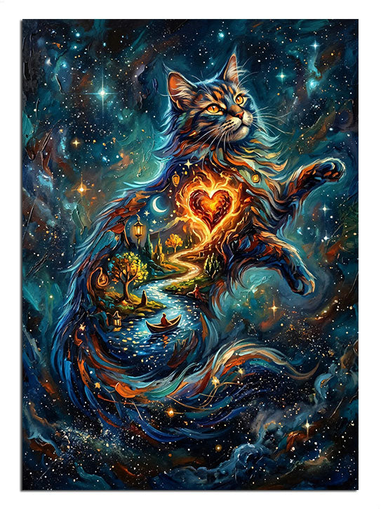 Yıldızlar ve nebulalar arasında süzülen parlayan kedi.