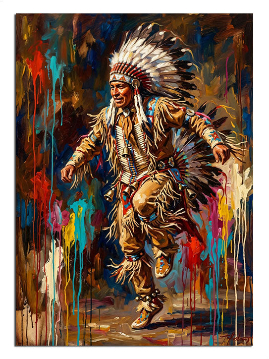 Boya patlamaları içinde dans eden yerli figürü.