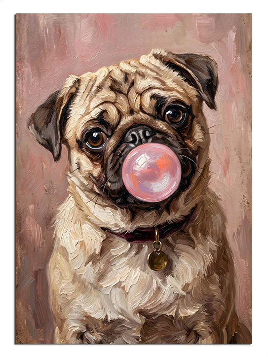 Ağzında pembe sakız balonu olan küçük köpek.