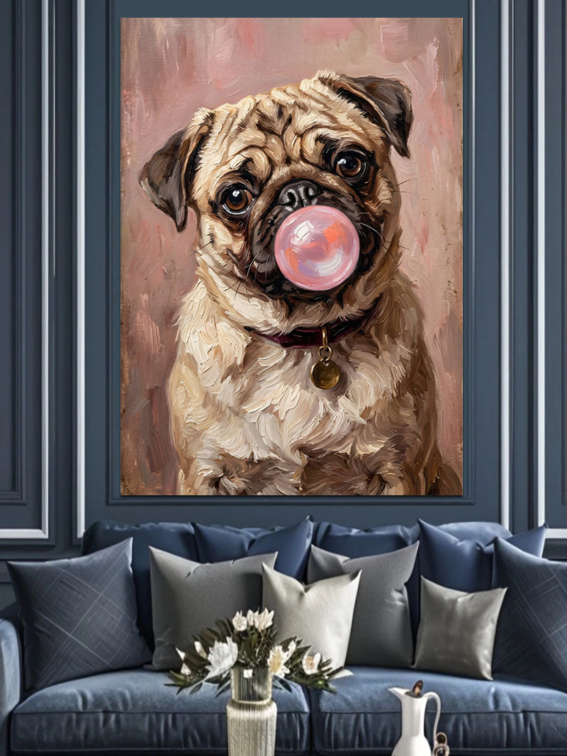 Balon Patlatan Sevimli Pug Köpeği Kanvas Tablo