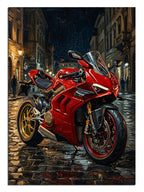 Şehir sokağında duran parlak kırmızı modern spor motosiklet.