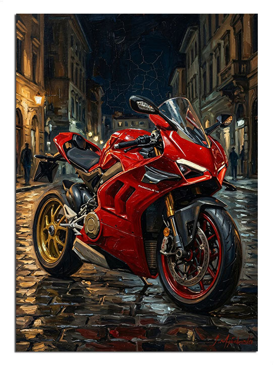 Şehir sokağında duran parlak kırmızı modern spor motosiklet.