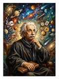 Uzay ve matematik simgeleriyle çevrili Albert Einstein.