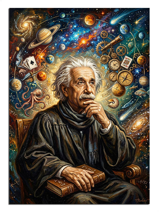 Uzay ve matematik simgeleriyle çevrili Albert Einstein.