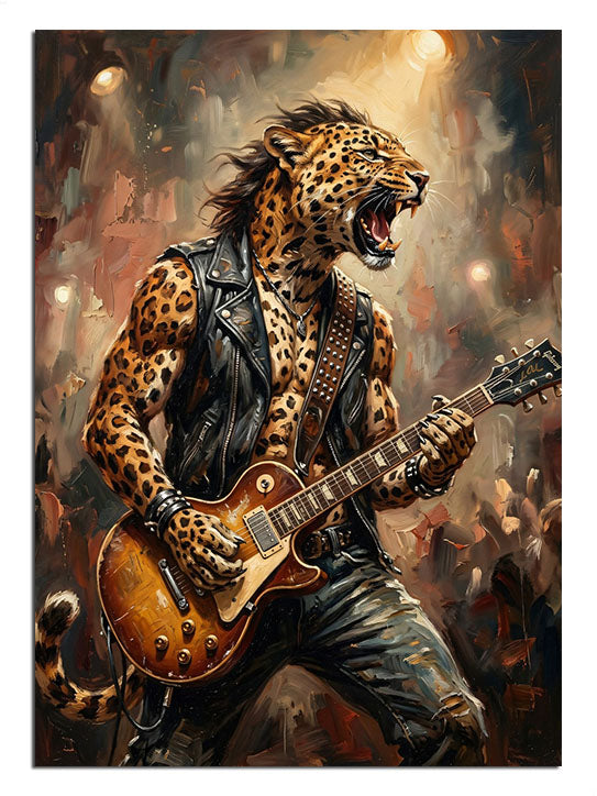 Deri ceketli ve elektro gitarlı antropomorfik leopar.