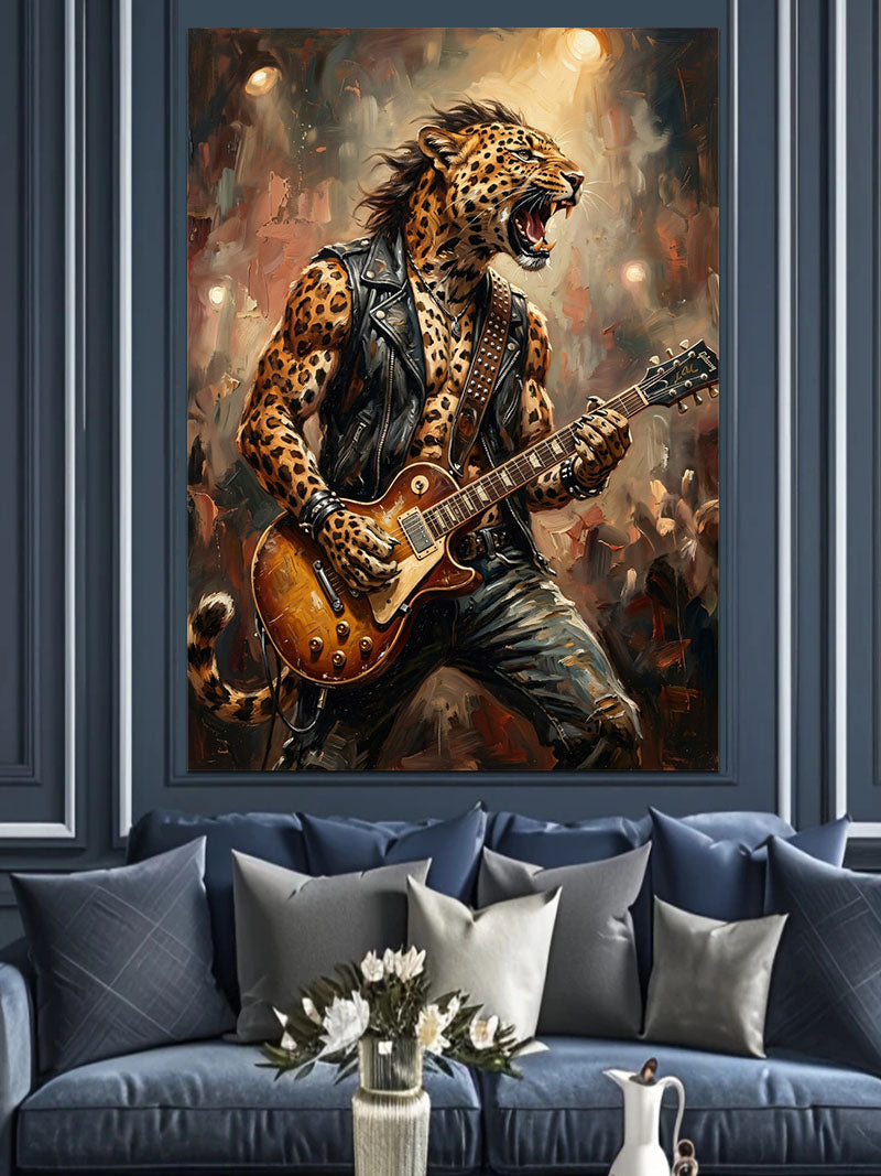 Gitar Çalan Leopar Karakter Tasarımı Kanvas Tablo