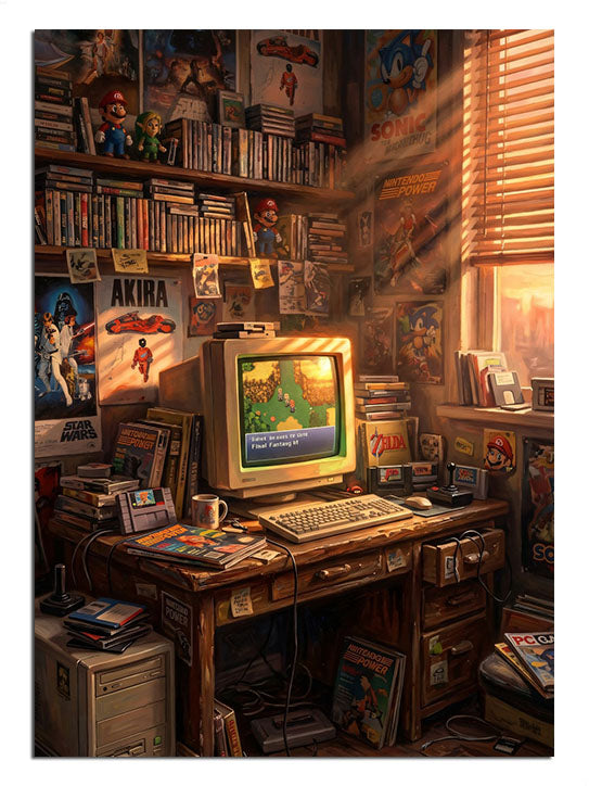 Kitaplarla dolu bir odada duran nostaljik monitör.