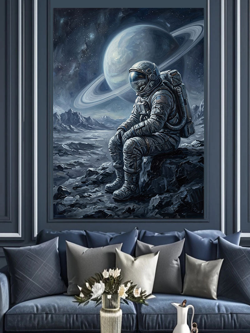 Ay Yüzeyinde Oturan Yalnız Astronot Kanvas Tablo