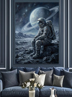 Ay Yüzeyinde Oturan Yalnız Astronot Kanvas Tablo