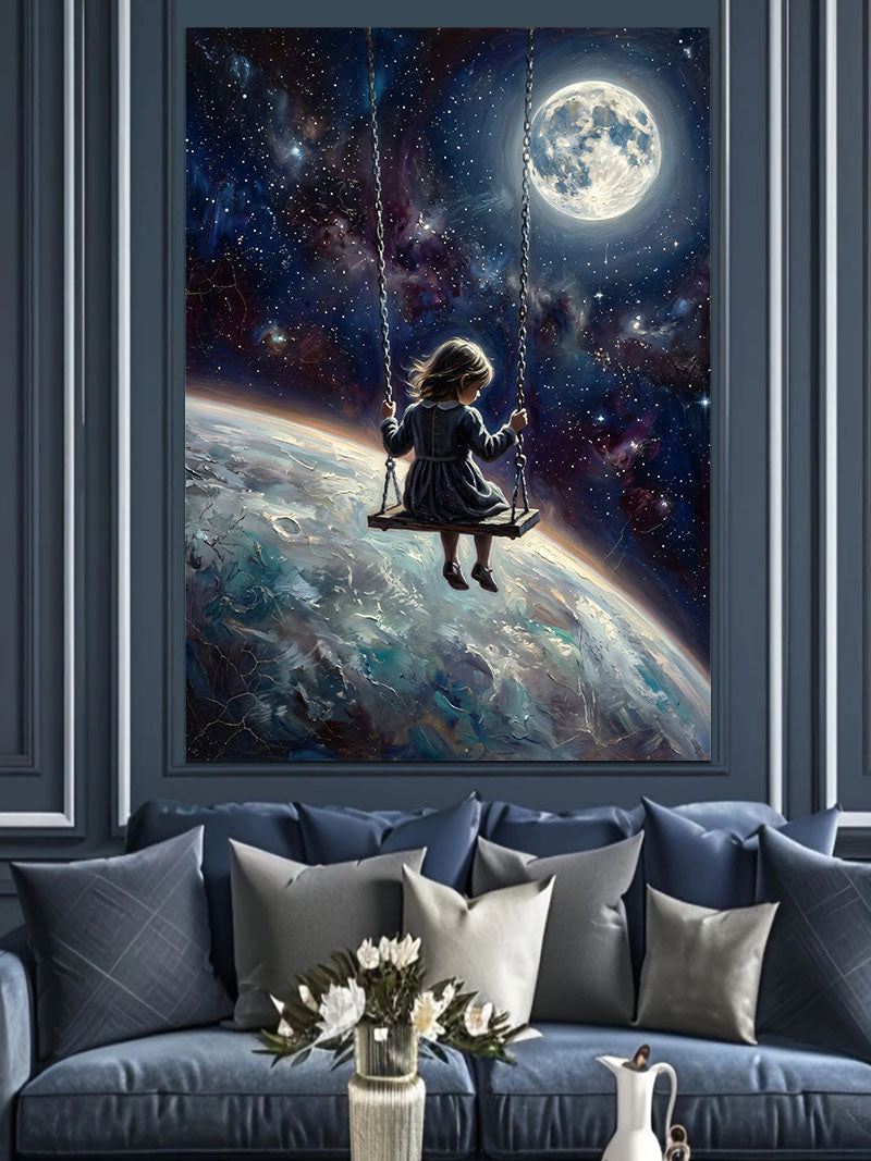 Gece Yarısı Ayda Sallanan Küçük Kız Kanvas Tablo