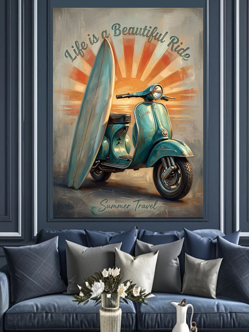 Turuncu Scooter Yazlık Sahil Tablosu Kanvas Tablo