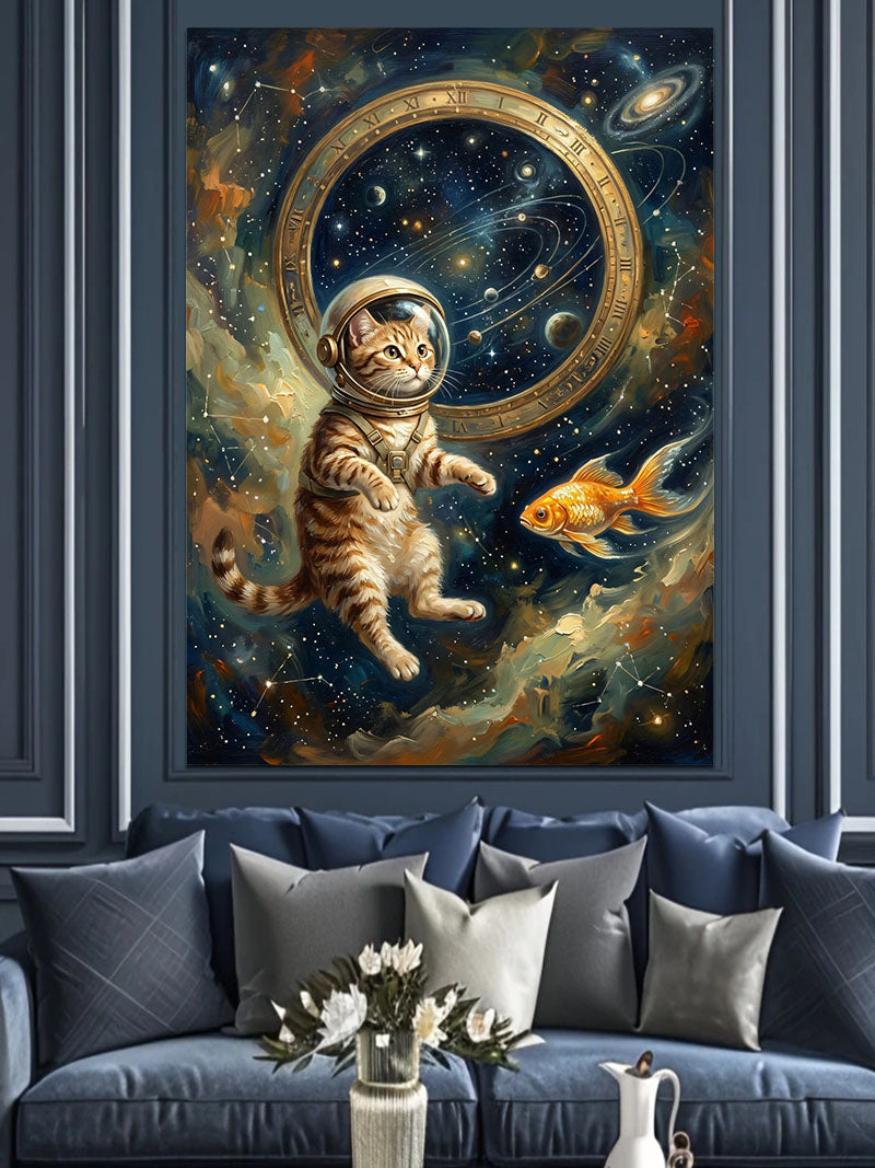 Uzayda Balık Kovalayan Astronot Kedi Kanvas Tablo