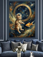 Uzayda Balık Kovalayan Astronot Kedi Kanvas Tablo