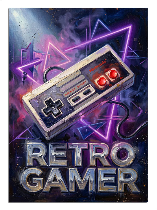 Klasik oyun tutkunları için neon ışıklı retro oyun kumandası.