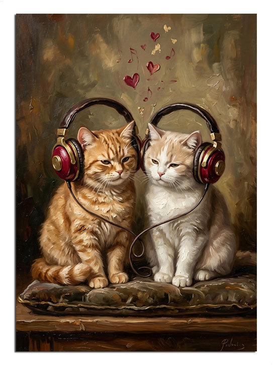Birlikte kulaklık takıp müzik dinleyen iki sevimli kedi.