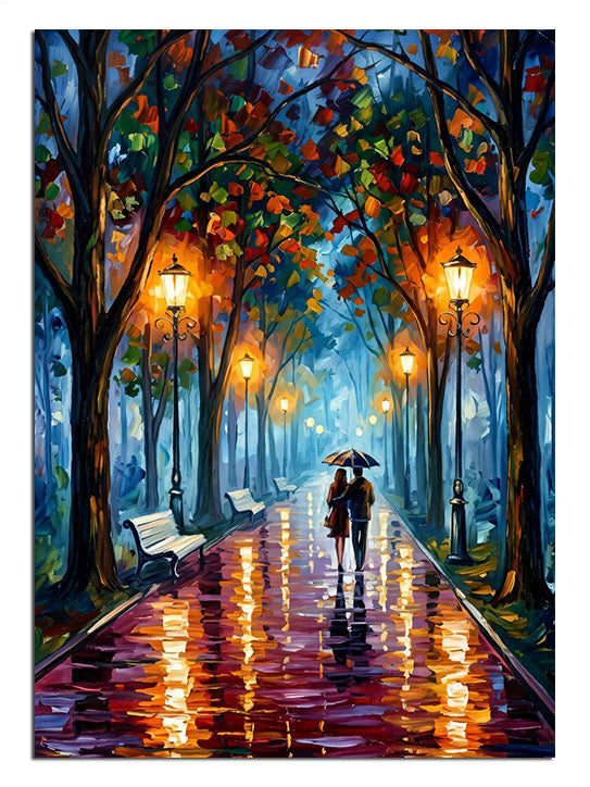 Gece vakti yağmur altında yürüyen şemsiyeli çift.