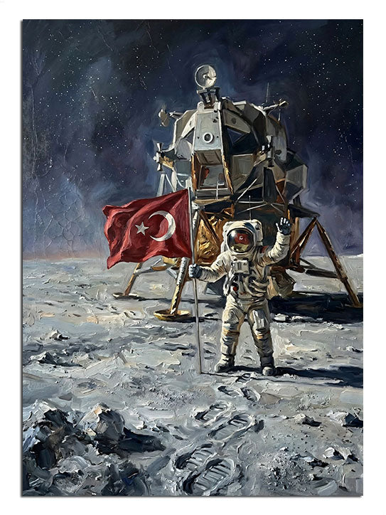 Ay'a iniş yapan ve Türk bayrağı diken astronot.