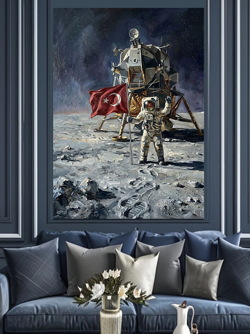 Ay Yüzeyinde Türk Bayraklı Astronot Kanvas Tablo