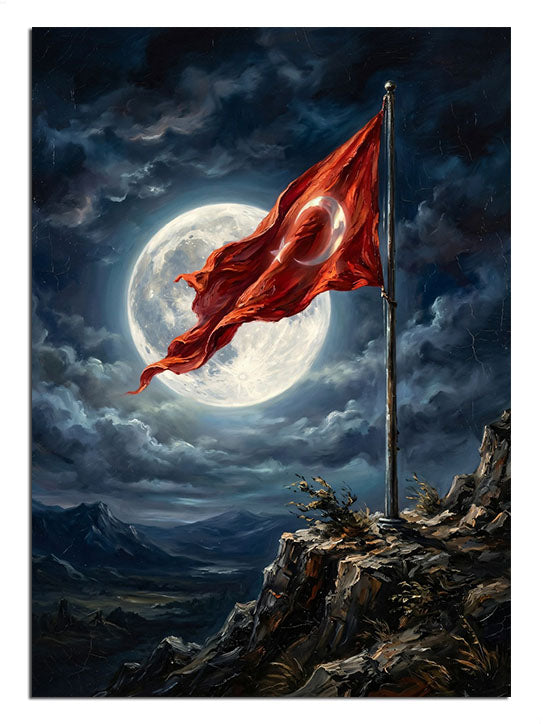Dağların üzerinde gece vakti dalgalanan Türk bayrağı.