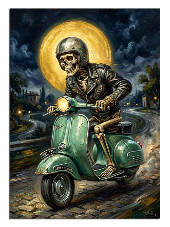 Motosiklet üzerinde cool duruşlu iskelet figürü.